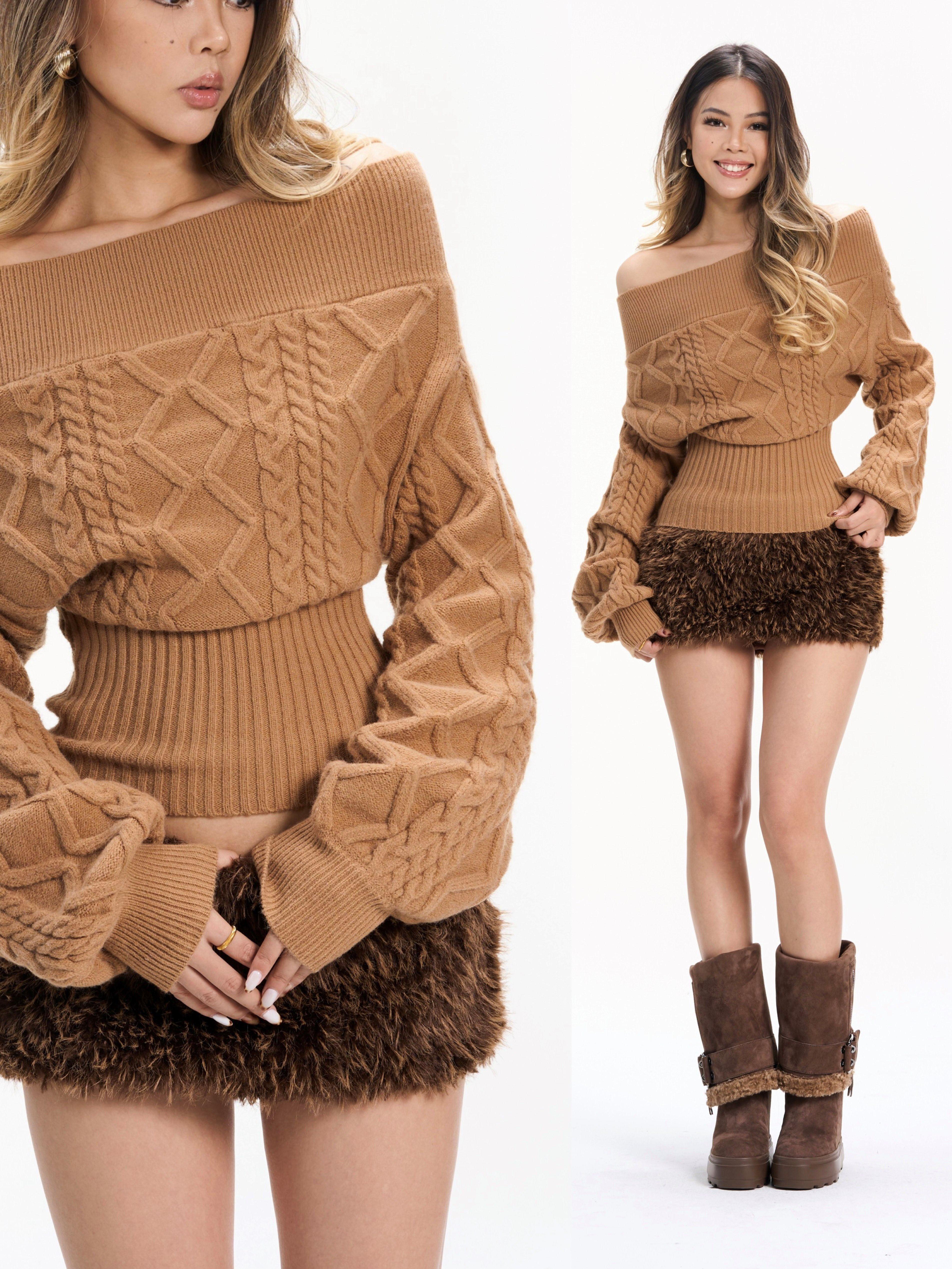 Women Fashion Zone - Thickly woven Z-pattern camel one-shoulder slim