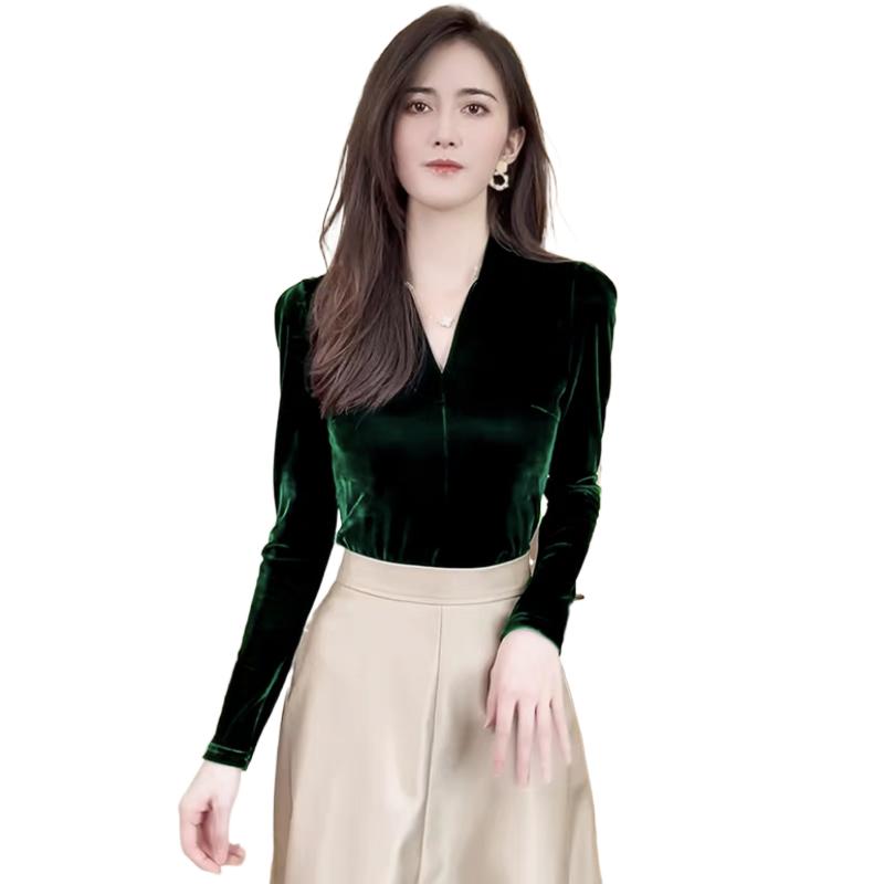 Women Fashion Blouse - Fashion elegant V-neck long sleeve Velour