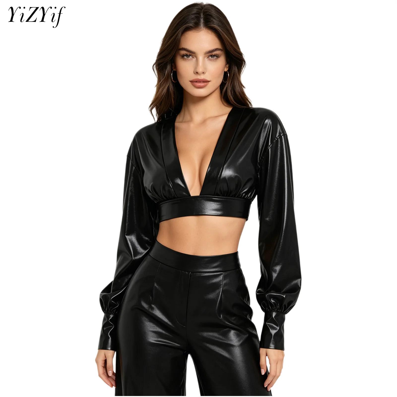 Women Fashion Blouse - Womens Y2K Metallic Shiny Hip Hop